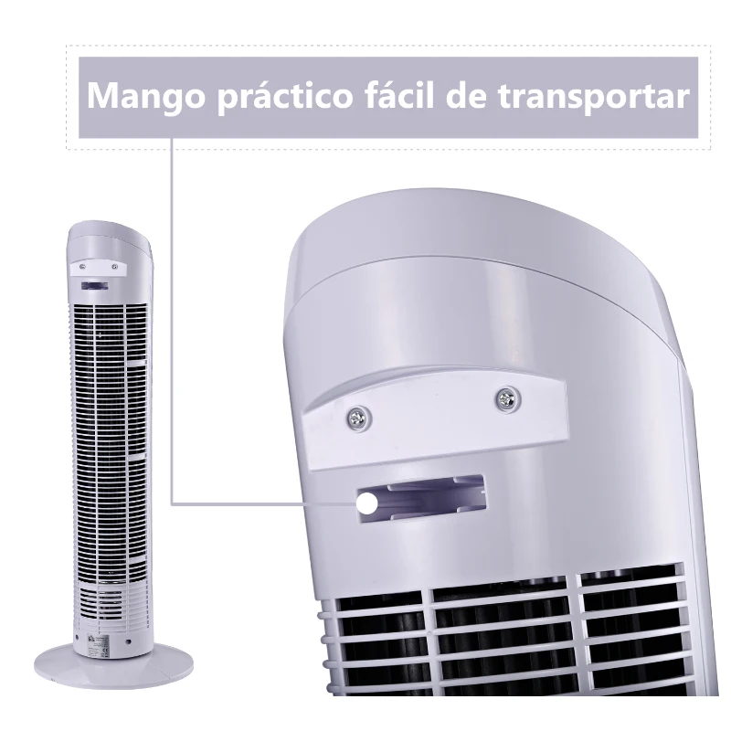 HOMCOM Ventilador de Torre Oscilante 70° Tower Fan Columna Ventilador de Pie Potencia 45W 3 Velocidad Asa de Transporte Hogar Oficina φ27x75cm Blanco