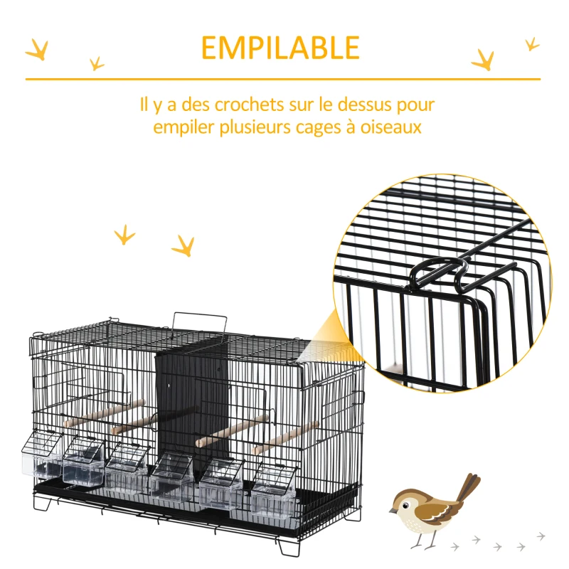 PawHut Cage à oiseaux dim. 59,5L x 26,5I x 39,5H cm mangeoires perchoirs 4 portes plateau excrément amovible + poignée transport métal PP noir