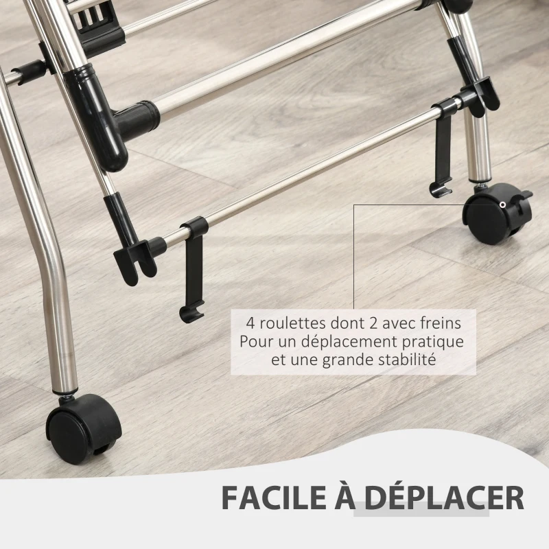 HOMCOM Séchoir à linge étendoir pliable avec roulettes grand espace d'étendage acier inoxydable 138,5 x 63 x 208 cm argent noir