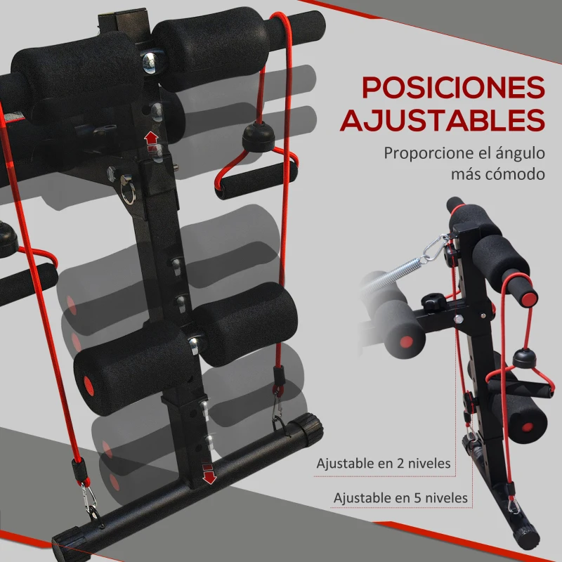 HOMCOM Banco de Abdominales Altura Ajustable Banco de Musculación Multifuncional para Fitness Entrenamiento de Espalda Abdominal Piernas Carga 120kg con 2 Cuerdas y 1 Tirador de Resorte