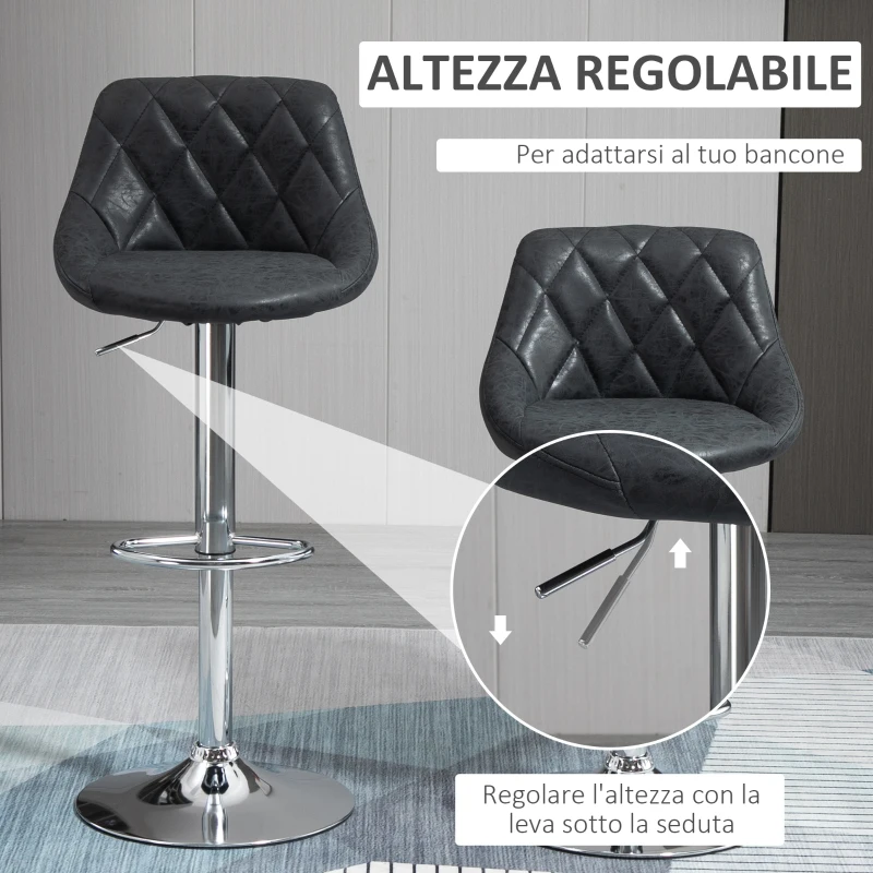 HOMCOM Set 2 Sgabelli da Bar con Altezza Regolabile, Base in Metallo e Seduta Finta Pelle, Sgabelli Alti Moderni Girevoli con Schienale e Poggiapiedi 46x48x83-104cm, Nero