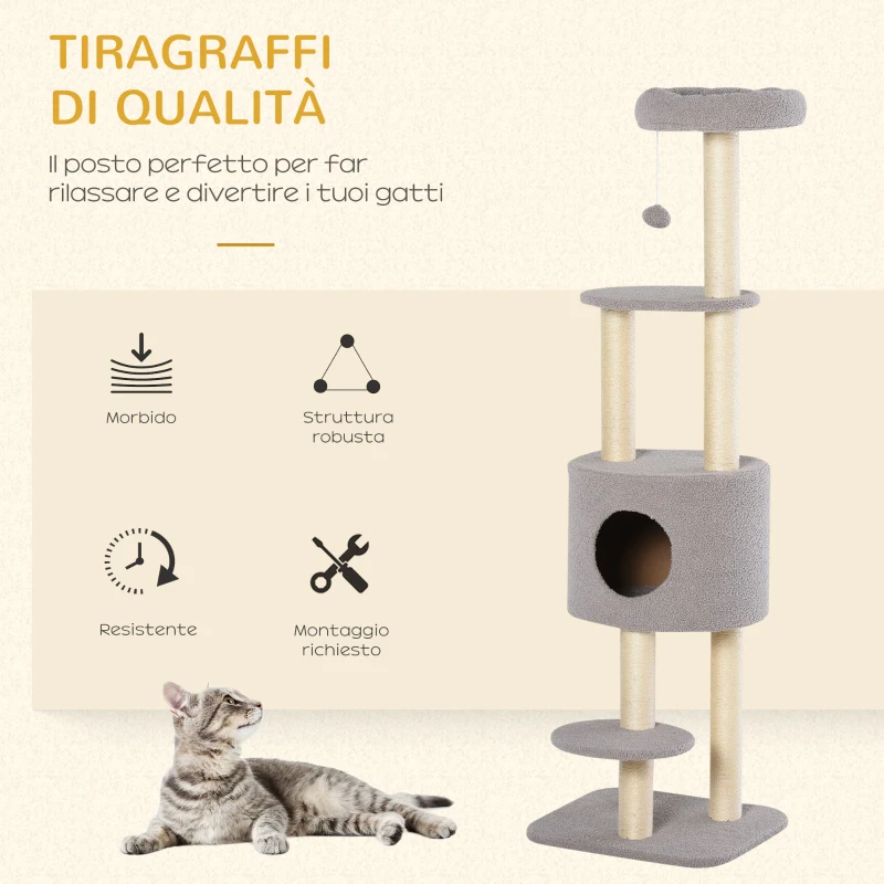 PawHut Albero Tiragraffi Robusto per Gatti con 5 Livelli, Cuccia, Casetta, Giochi e Corda Sisal, Grigio e Beige Max 30kg