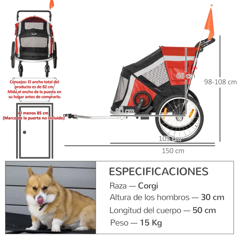 PawHut Remolque de Bicicleta para Perros Plegable 2 en 1 Carrito para Perros de Aluminio con Mango Ajustable Bandera y 6 Reflectores Carga Máxima 40 kg 150x82x98 cm Rojo