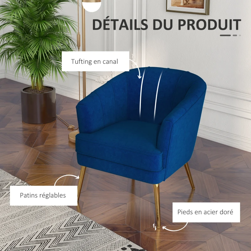 HOMCOM Fauteuil en velours chaise salon avec pieds acier doré fauteuil relax de salon arrondi 71 x 72 x 75 cm bleu