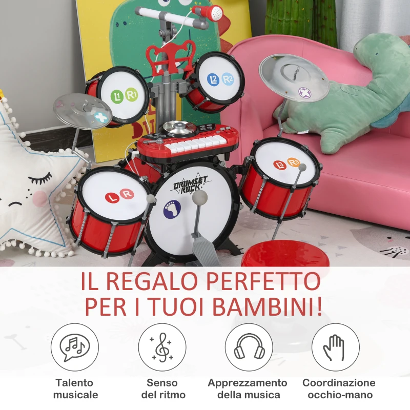 HOMCOM Set Batteria per Bambini con Strumenti Musicali, Batteria Jazz con 5 Tamburi e Sgabello, Giocattolo Musicale Educativo per Bambini, Effetti Sonori e Microfono Giocattolo, 77.5x40x76.5cm, Rosso