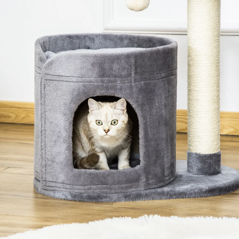 PawHut Árbol Rascador para Gatos Pequeño Altura 59 cm con Cueva de Felpa Suave con Cojín Lavable Plataforma Poste de Sisal Natural y Bola de Juguete 55x36x59 cm Gris