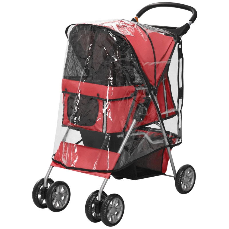 PawHut Dog Stroller with Rain Cover for Small Miniature Dogs, Folding Pet Pram with Cup Holder, Storage Basket, Reflective Strips, Red