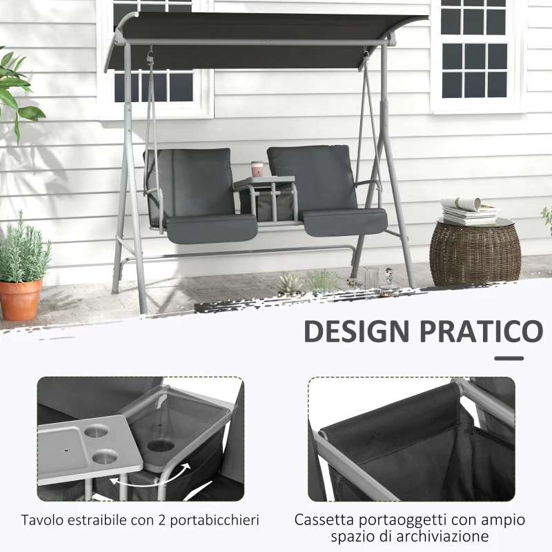 Outsunny Dondolo 2 Posti con Tavolino e Portabicchieri, in Metallo e Poliestere, 175x110x165 cm, Grigio