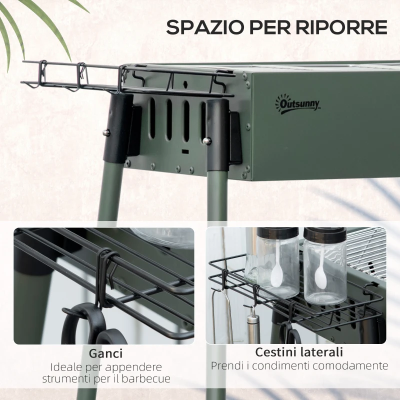 Outsunny Barbecue a Carbonella con 2 Griglie e Cestini Laterali, 94x39x70cm, Verde Scuro