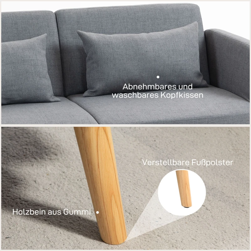 HOMCOM 3-Sitzer Schlafsofa, Gäste-Doppelbett, bis 240 kg, Klapplehnen, Holzrahmen, 170 x 83 x 80 cm, Grau(m-7)
