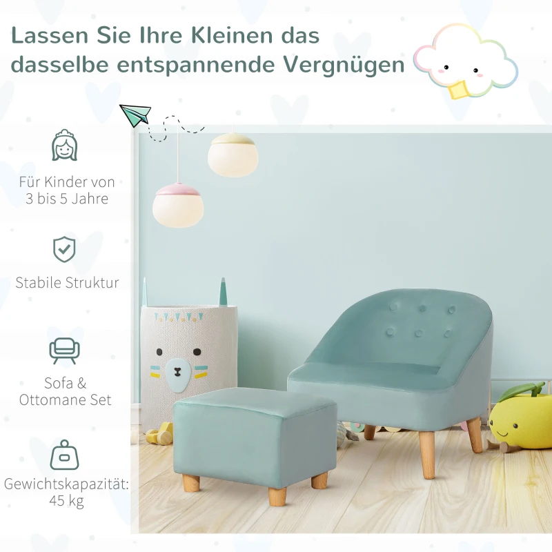 HOMCOM Kindersessel mit Ottomane für Kinder von 3 bis 5 Jahren Niedliches Design Samtoptik 51 cm x 51 cm x 50 cm Grün