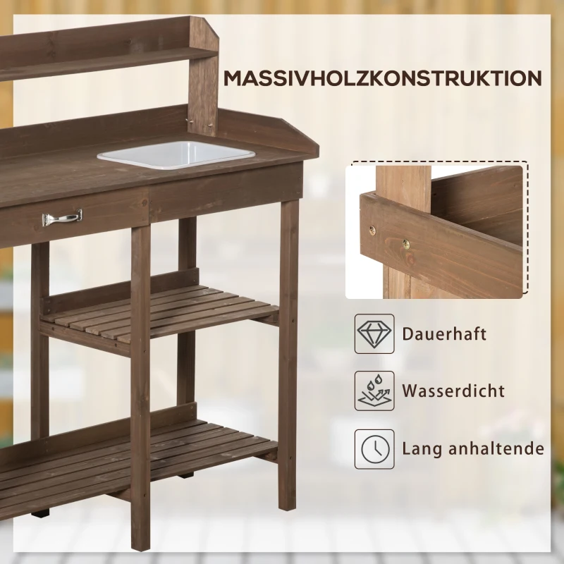 Outsunny Pflanztisch Gärtnertisch Blumentisch mit Wanne Garten Tannenholz Braun 117 x 45 x 121 cm