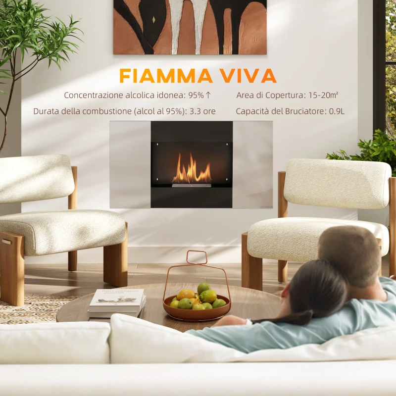 HOMCOM Camino a Bioetanolo 0.9L da Parete in Acciaio Inox, 100x15x54 cm, Nero e Argento