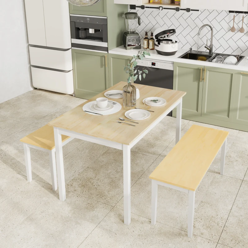 HOMCOM Dining Table and Bench Set, Farmhouse Kitchen Table and Bench with Wooden Frame for Living Room, Dining Room, Natural and White