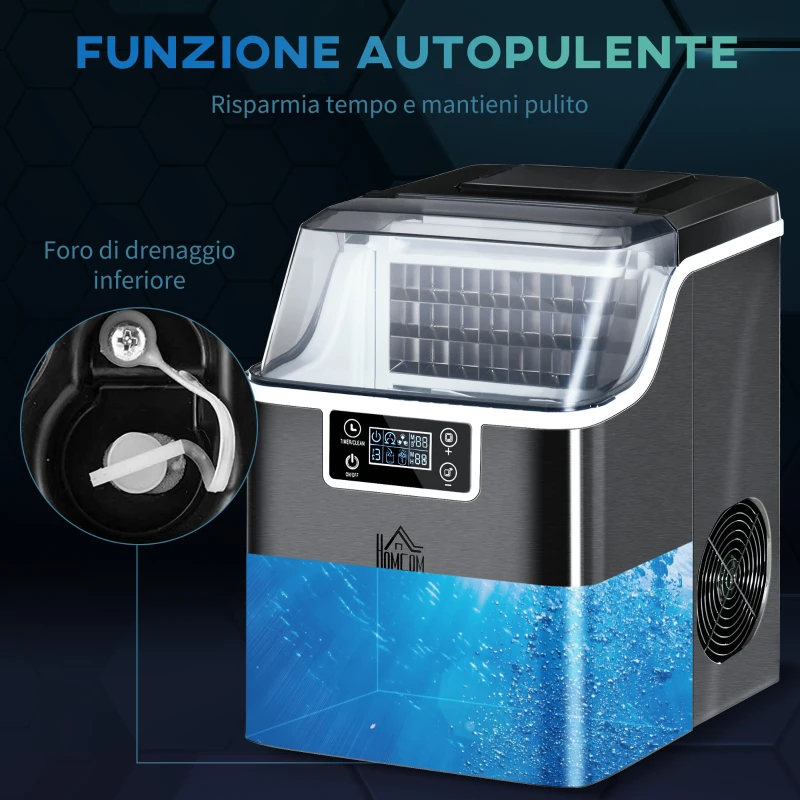 HOMCOM Macchina per Ghiaccio 20kg in 24 Ore, 24 Cubetti in 14-18 Minuti e Sistema Autopulente, Nero