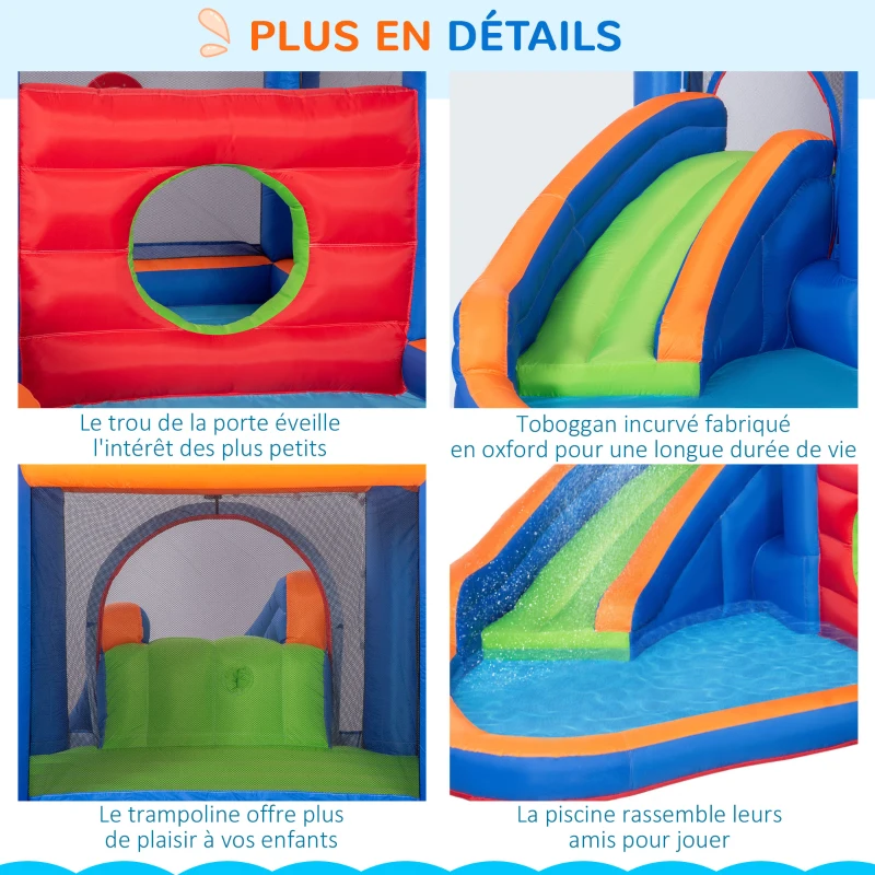 Outsunny Château gonflable aire de jeux jusqu'à 3 enfants 3-8 ans avec toboggan trampoline piscines souffleur 450W et sac de transport aquatique dim. 380L x 340l x 170H cm - multicolore