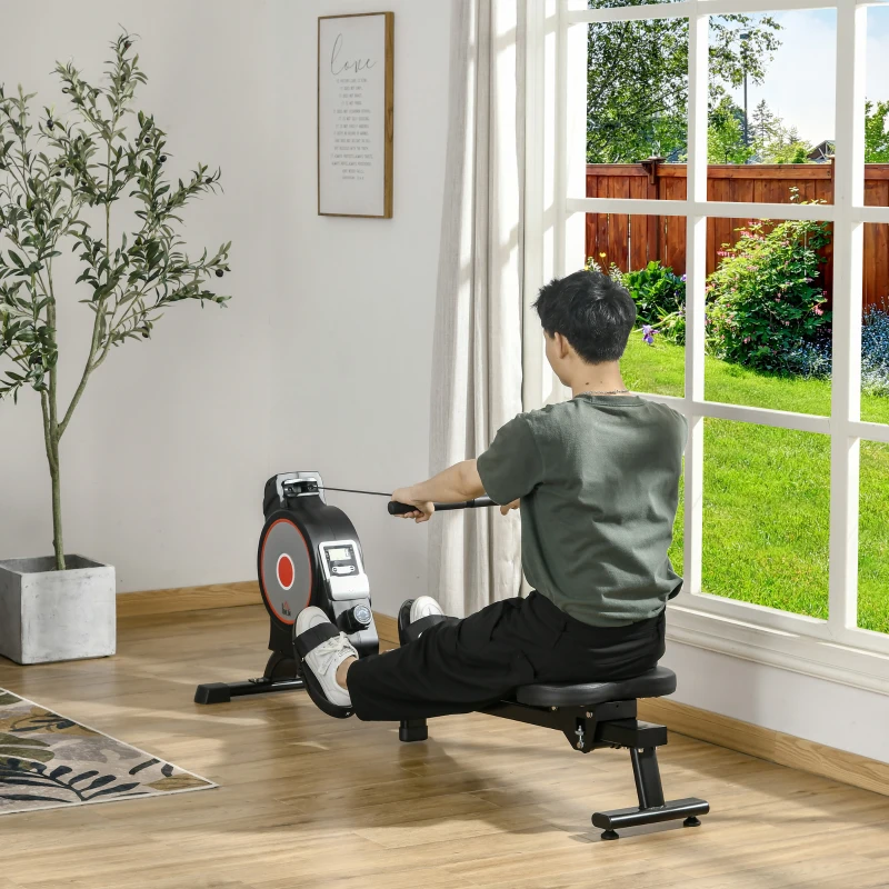 HOMCOM Vogatore Professionale per Casa con 8 Livelli di Resistenza Magnetica, Ruote e Monitor Digitale, Vogatore Pieghevole in Acciaio e ABS, 180x48x60cm, Nero e Grigio