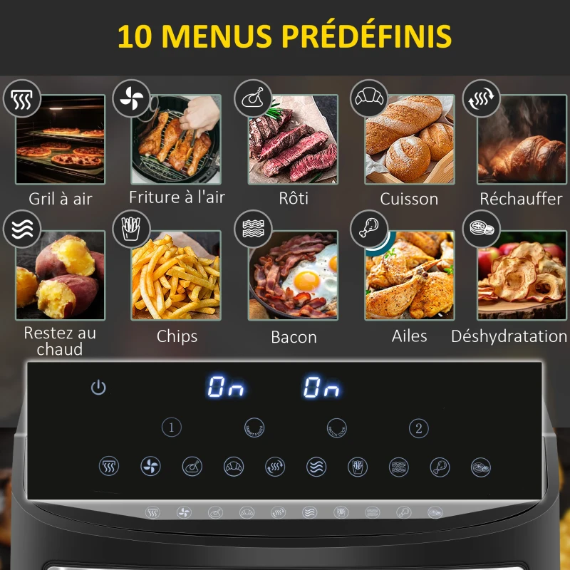 HOMCOM Friteuse à air sans huile, Air Fryer, double compartiment 8 L, 2400 W - 10 programmes, température réglable, minuterie