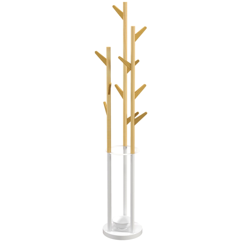 HOMCOM Appendiabiti da Terra di Design con Portaombrelli e 12 Ganci, Metallo e Bambù, 30.5x30.5x174.5cm, Legno e Bianco
