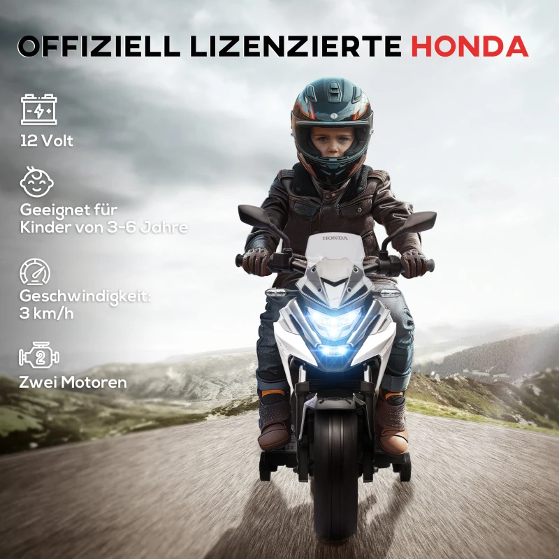 AIYAPLAY Elektro-Kindermotorrad, Honda, 3 km/h, Musik & Licht, 3-6 Jahre, bis 30 kg, Weiß(m-4)