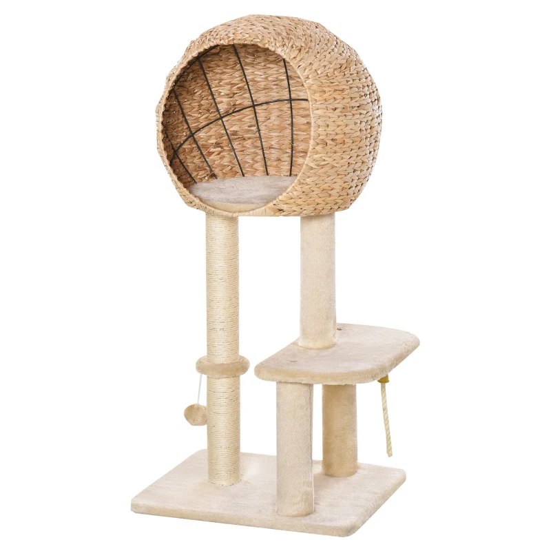 PawHut Cat Tree for Indoor Cats 100cm Kitten Climbing Tower Activity Center with Sisal Scratching Post Condo Perch Hanging Balls Teasing Rope Toy Cushion