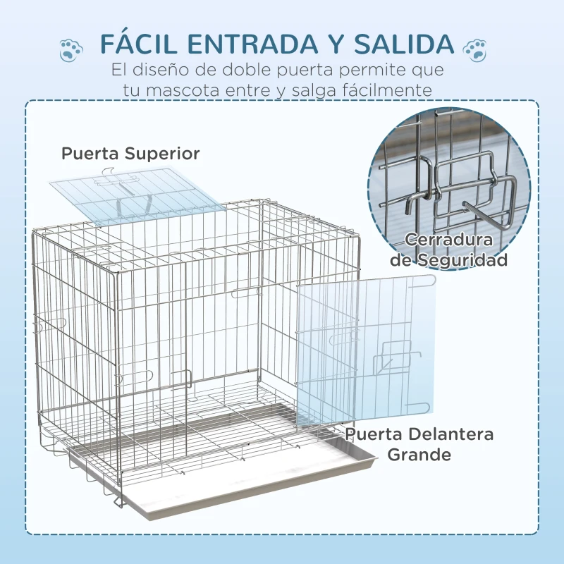 PawHut Jaula Plegable para Perros Jaula Metálica para Perros con Bandeja Extraíble y 2 Puertas 61x43x50 cm Blanco