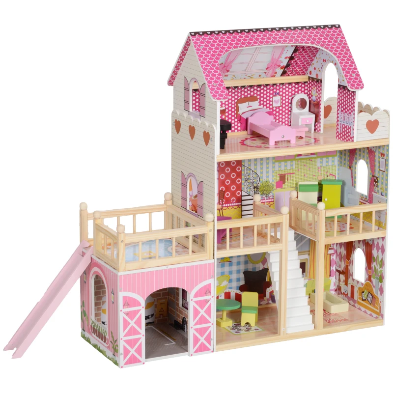 AIYAPLAY Puppenhaus, 3 Etagen, 13 Möbelstücke, Garage, Rutschen & Balkon, 114 x 32 x 92 cm, Rosa(m-10)