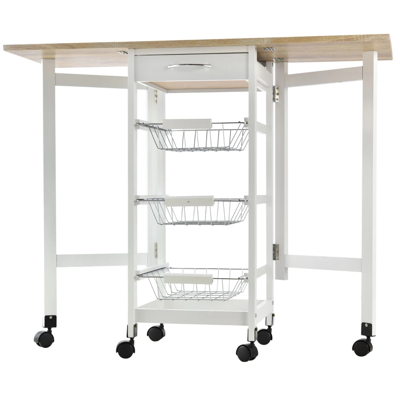 HOMCOM Küchenwagen faltbar Rollwagen Servierwagen Schublade mit 3 Körben 6 Universal-Rollen für Küchen Natur+Weiß 97,2 x 37 x 77,5 cm