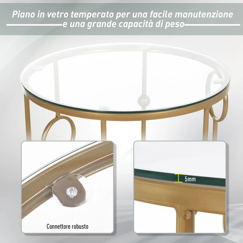HOMCOM Set 2 Pezzi Tavolini da Caffè Design Elegante con Motivi a Cerchio, Metallo e Vetro Temperato Φ41x57cm & Φ36x51cm, Oro
