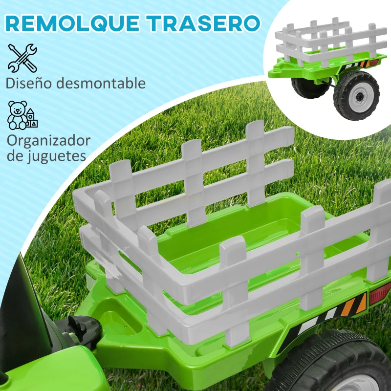 HOMCOM Tractor Eléctrico con Remolque para Niños 3-6 Años con Control Remoto y Cinturón de Seguridad 136,5x50x52,5 cm Verde