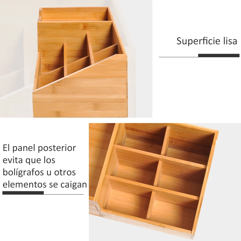 HOMCOM Organizador de Escritorio de Bambú Organizador de Mesa con 2 Cajones 6 Compartimentos y Estante para Oficina Hogar 33x20,5x15,5 cm Natural