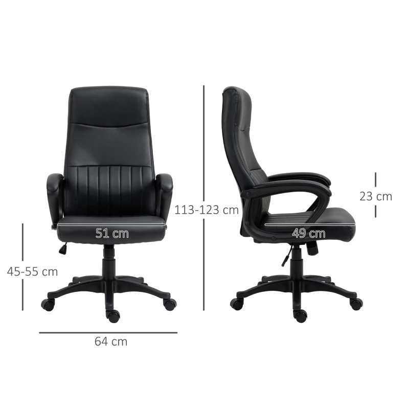 Vinsetto Silla de Oficina Ergonómica Silla de Escritorio Basculante y Giratoria 360° con Altura Ajustable Respaldo Alto y Reposabrazos Piel Sintética 61,5x66x113-123 cm Negro