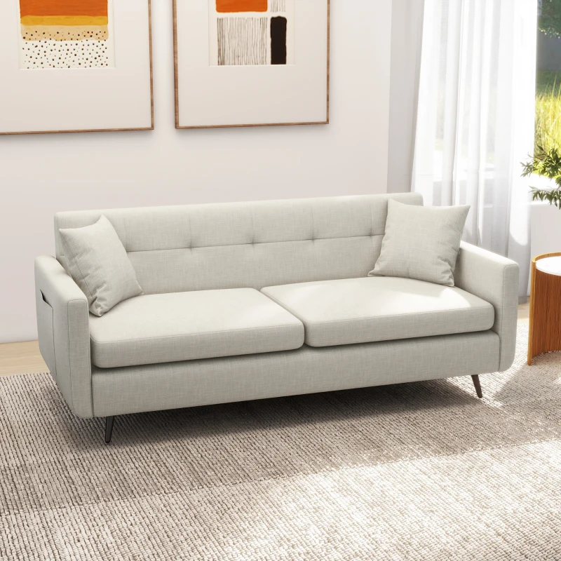 HOMCOM 3-Sitzer Sofa, 2 Seitentaschen, Kissen, Stahlrahmen, bis 250 kg, 165x73x72 cm, Beige