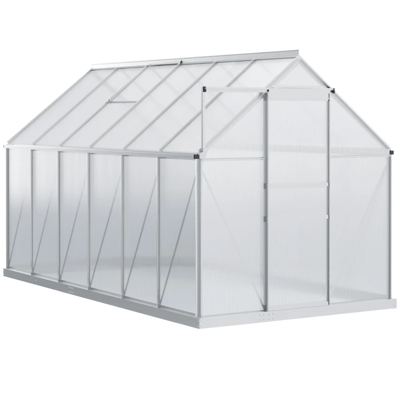Outsunny Invernadero Policarbonato Aluminio de Jardín 190x375x199 cm 7,1m² Caseta de Exterior con Base Puerta Corredera y 2 Tragaluces para Cultivo Plantas Semillas Transparente