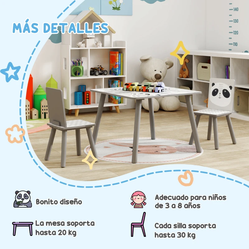 ZONEKIZ Set de Mesa y 2 Sillas Conjunto de Muebles Infantiles de 3 Piezas para Niños de +3 Años con Cenefa y Panda Gris y Blanco