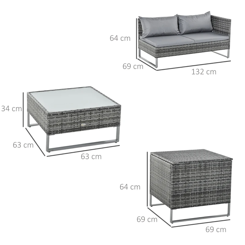 Outsunny Conjunto de 4 Muebles de Jardín de Ratán con 2 Sofás Dobles Mesa Central Mesa con Arcón Cojines Extraíbles para Terraza Exterior 132x69x64 cm Gris