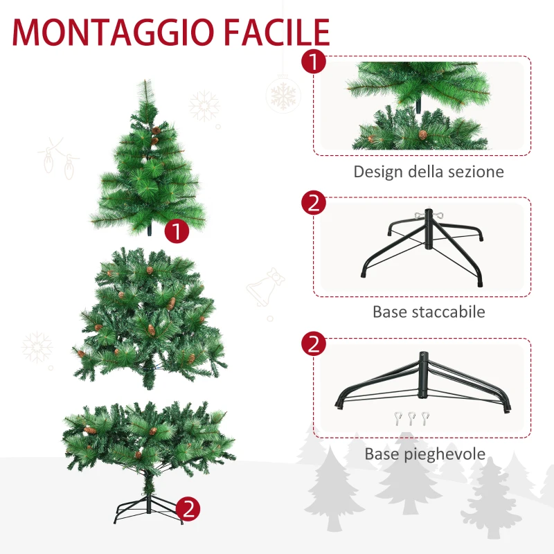 HOMCOM Alberello di Natale Decorato e Ignifugo per Interni con 782 Rami e Base in Metallo, Φ116x180 cm, Verde