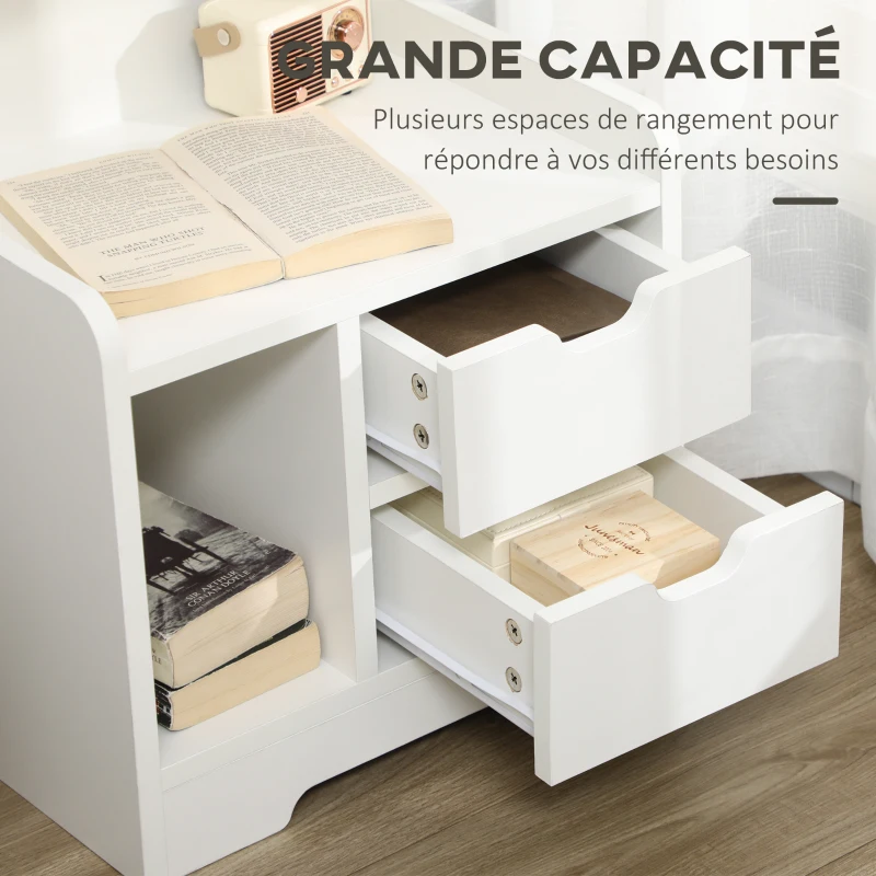 HOMCOM Table de Chevet Table de Nuit Multi-Rangement 2 tiroirs Niche étagère en bois Blanc