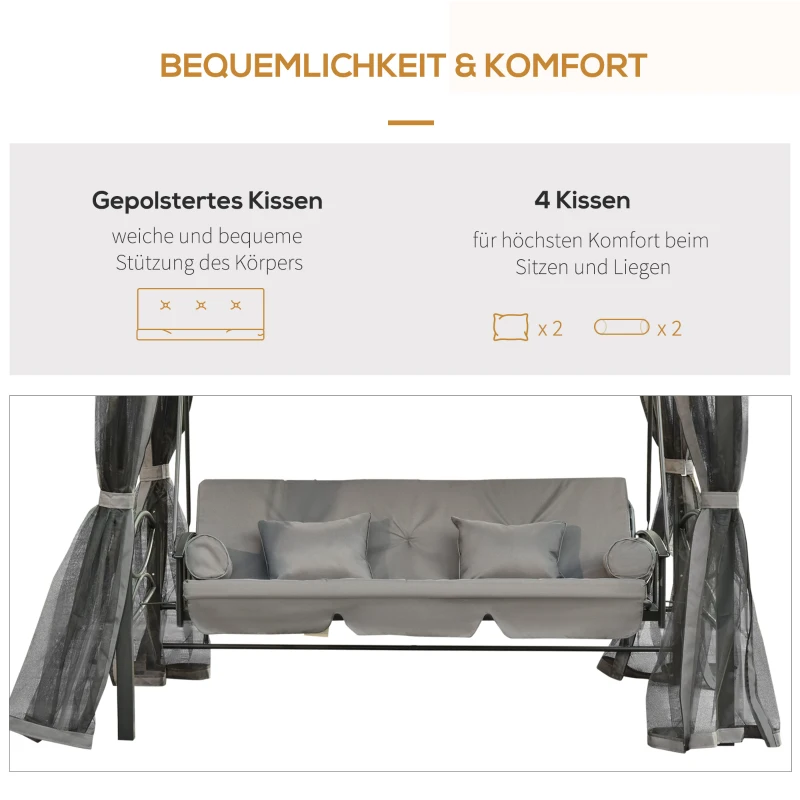 Outsunny Hollywoodschaukel Gartenschaukel Schaukel mit Seitenwänden 3-Sitzer Grau 256 x 172 x 248 cm