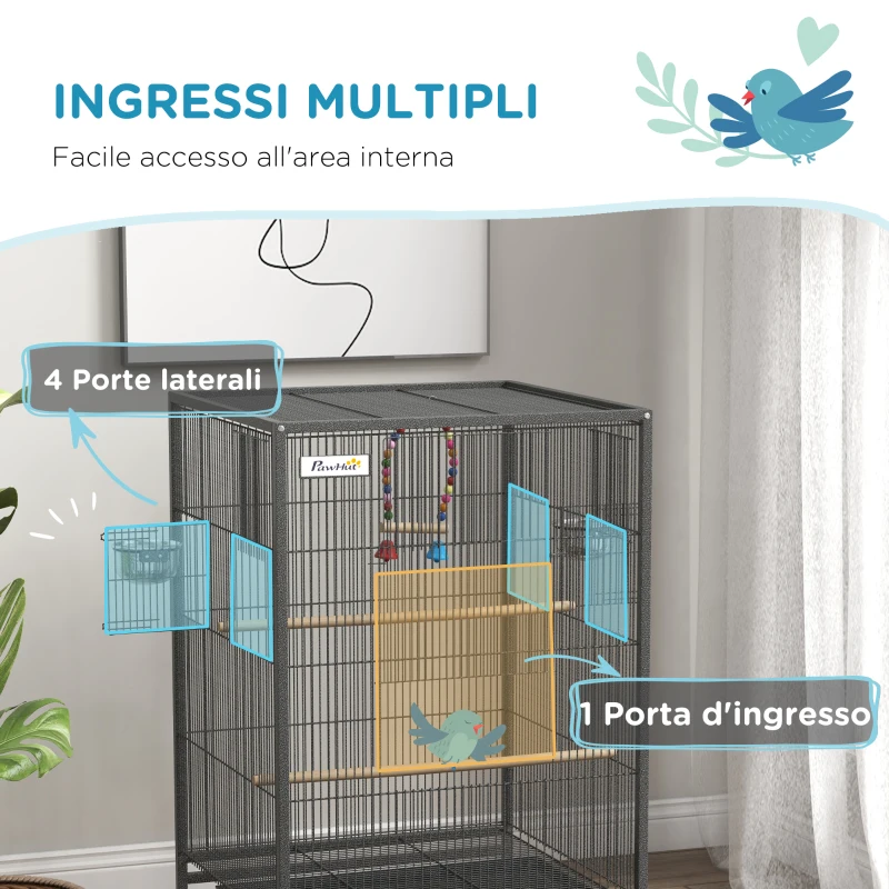 PawHut Gabbia per Uccelli in Acciaio e PP con 5 Porte, 2 Posatoi e Vassoio Estraibile, 48x46x74 cm, Grigio