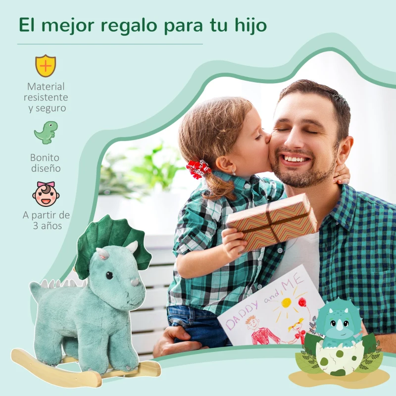 HOMCOM Caballo Balancín para Niños de +3 Años de Dinosaurio con Sonidos Realistas Carga 45 kg 64x30x54 cm Verde Oscuro