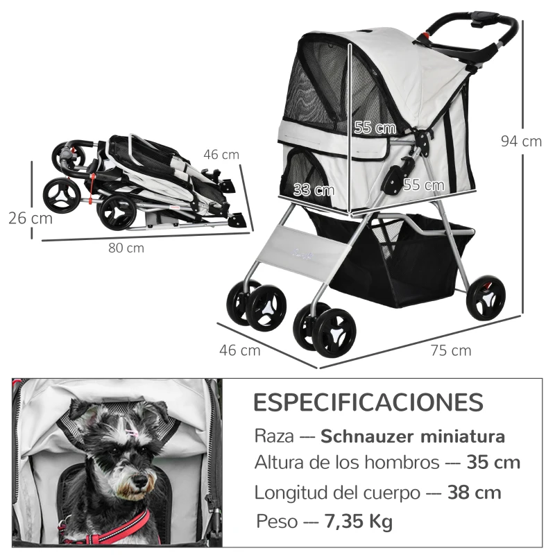 PawHut Carrito para Perros con Toldo Ajustable Cesta de Almacenaje y Ruedas con Freno Tela Oxford 75x46x94 cm Gris