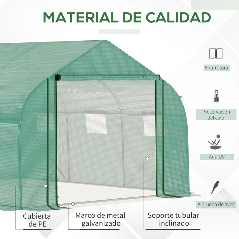 Outsunny Invernadero de Túnel 3,5x3x2 m Invernadero de Jardín con Puerta y 6 Ventanas Enrollables de Polietileno PE 140 g/m² Metal Galvanizado para Cultivos Plantas Flores Verde