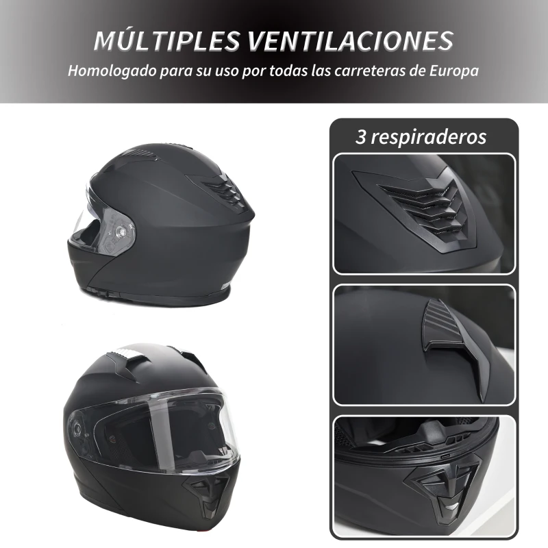 HOMCOM Casco de Moto Integral Talla L-59-60 cm Casco de Motocicleta con Doble Visera Cabezal Anticolisión y Ventilaciones con Certificación Europea Unisex Color Negro