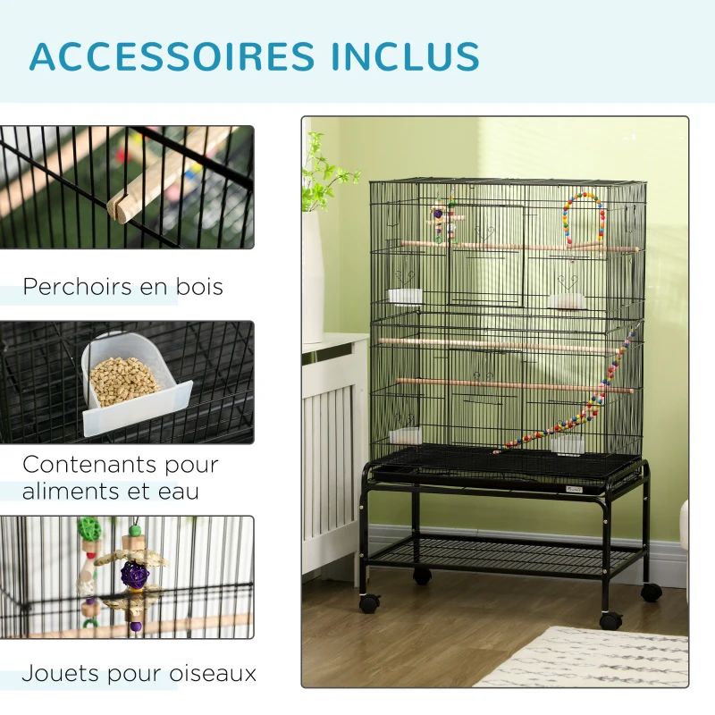 PawHut Cage à oiseaux sur pieds roulettes avec 4 mangeoires et 3 perchoirs 79 x 49 x 133 cm noir