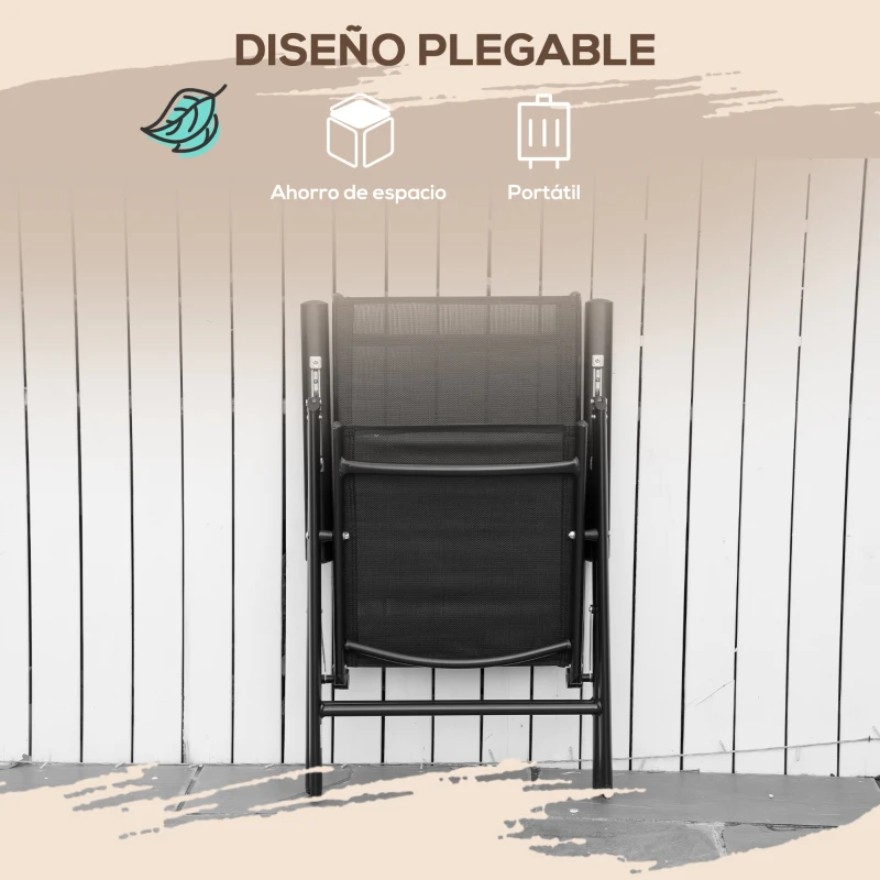 Outsunny Conjunto de Muebles de Jardín de Aluminio 7 Piezas con 6 Sillas Plegables y Reclinables Mesa de Vidrio Templado Negro