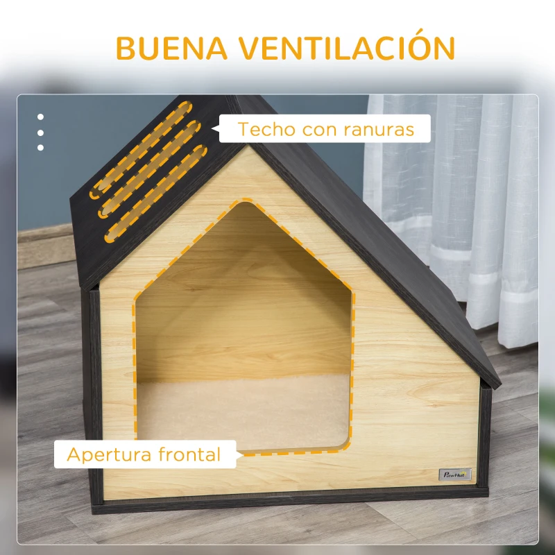 PawHut Caseta de Madera para Perros Casa para Perros Cojín Desenfundable Lavable y 3 Ventilaciones 60x40x59,2 cm Roble y Marrón