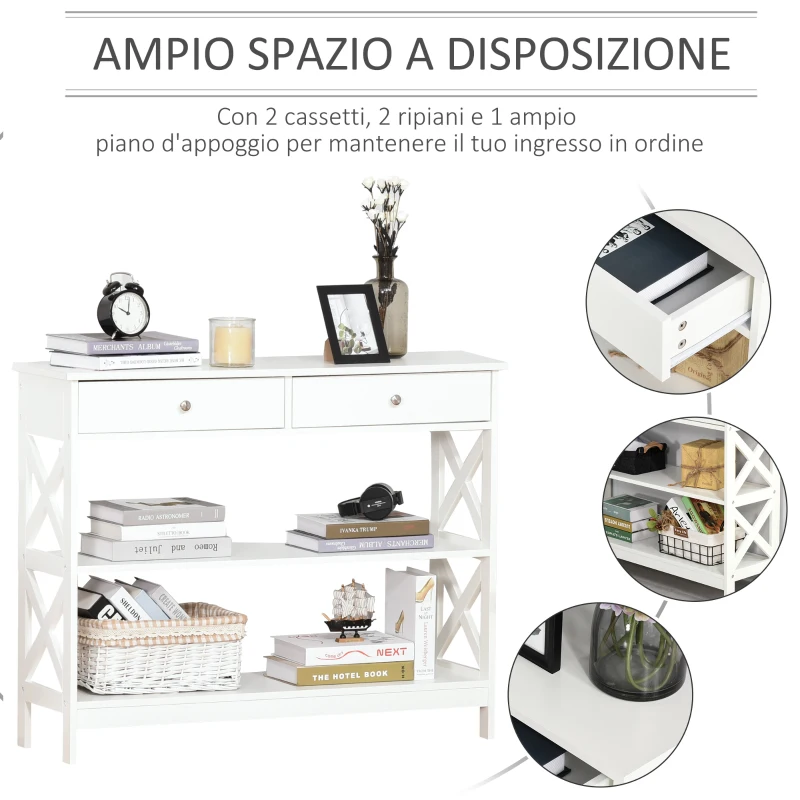 HOMCOM Tavolo Consolle con 2 Cassetti e 2 Mensole, Consolle Ingresso e Soggiorno in MDF, 100x30.5x80cm, Bianco