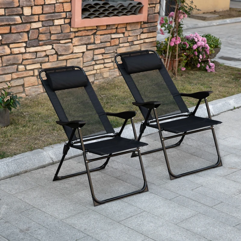 Outsunny Set of 2 Portable Folding Recliner Metal Outdoor Patio Chaise Lounge Chairs with Adjustable Backrest, Black