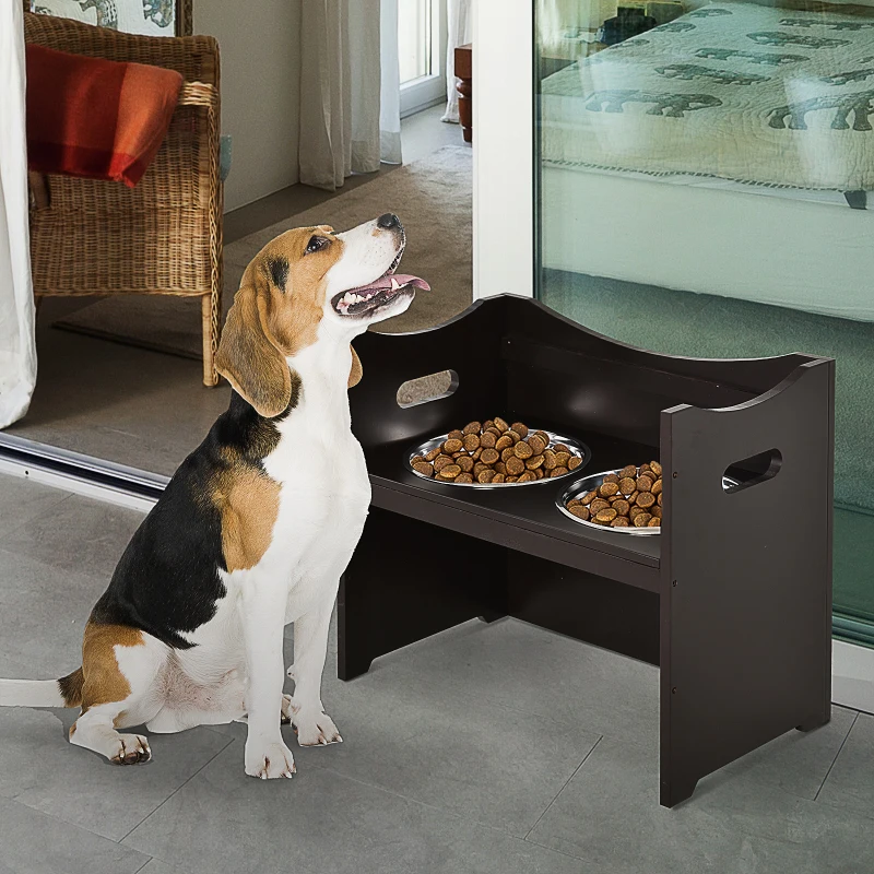 PawHut Raised Dog Bowls Adjustable Elevated Pet Feeder 2 Stainless Steel Dog Cat Bowls MDF Frame Handles, for Large Dogs, Brown